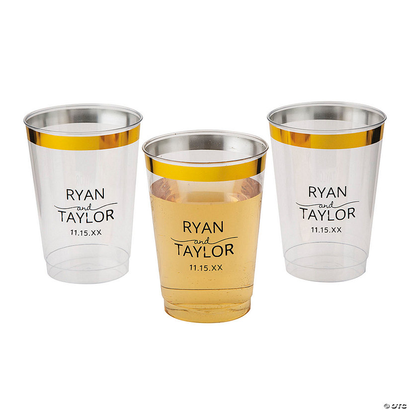 Personalized Names & Date Gold Rim Clear Plastic Cups - 50 Ct. Image Thumbnail