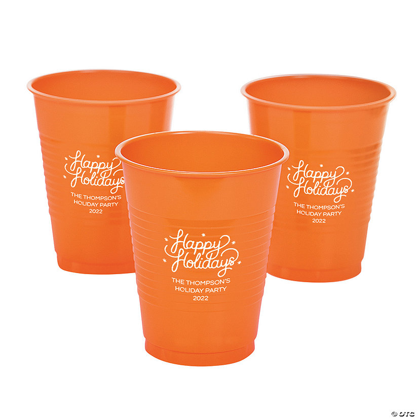 Personalized Orange Happy Holidays Solid Color Plastic Cups - 40 Pc. Image