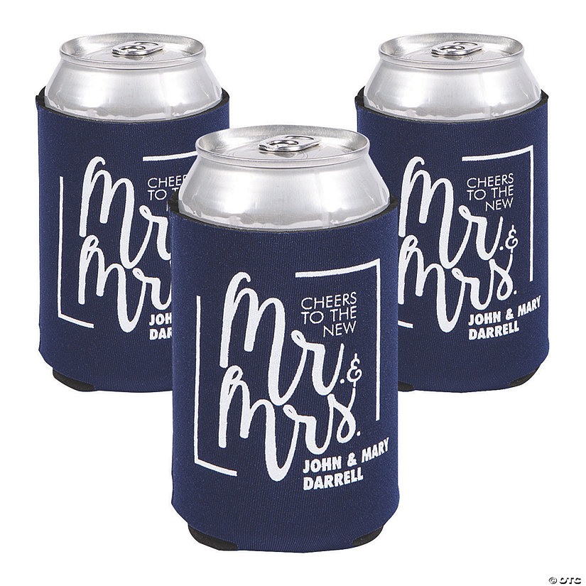 Personalized Premium Cheers Mr. & Mrs. Navy Blue Can Coolers - 48 Pc. Image