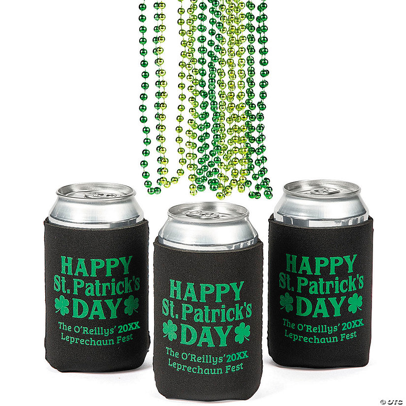 Personalized Premium St. Patrick&#8217;s Day Can Coolers & Green Beaded Necklaces Party Favor Kit for 48 Image Thumbnail