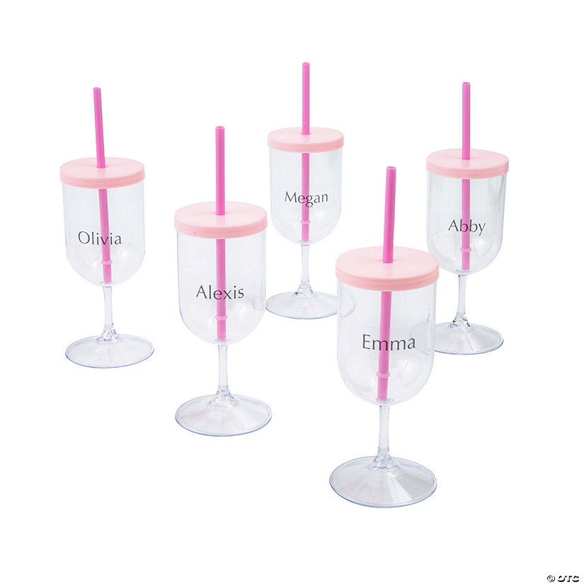 Personalized Reusable Plastic Wine Glasses with Lids & Straws 12 Pc