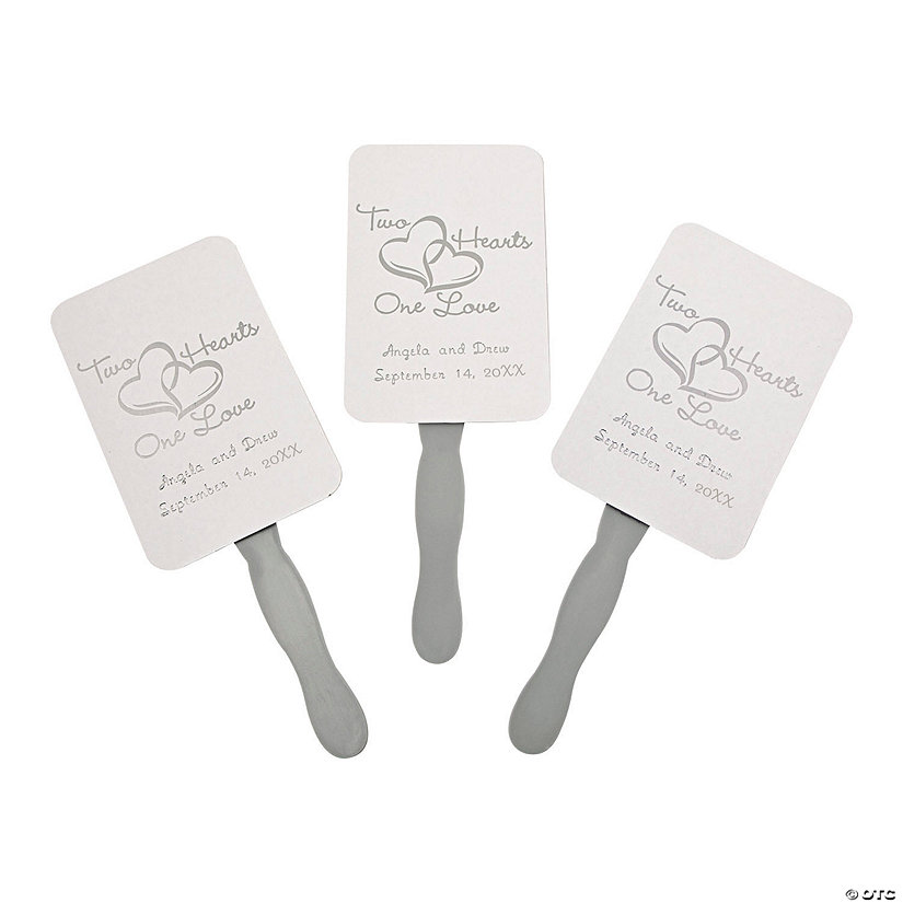 Personalized Silver Two Hearts Wedding Hand Fans - 12 Pc. Image Thumbnail