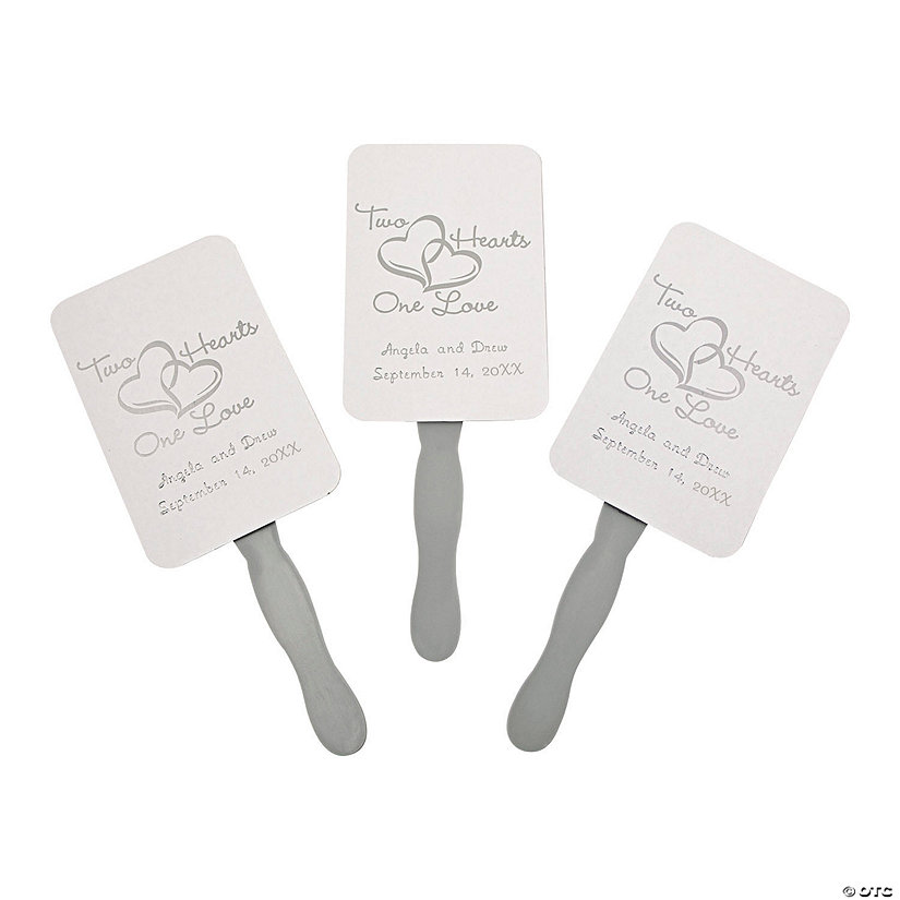 Personalized Silver Two Hearts Wedding Hand Fans - 12 Pc. Image