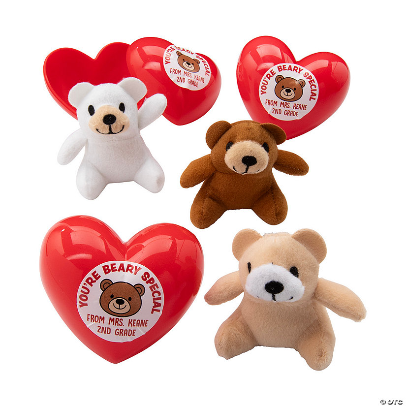 Personalized Sticker with Heart &amp; Mini Stuffed Bear Valentine Exchanges for 12 Image