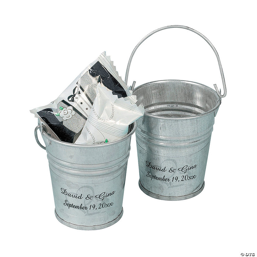 Personalized Two Hearts Mini Silver Favor Pails - 12 Pc. Image