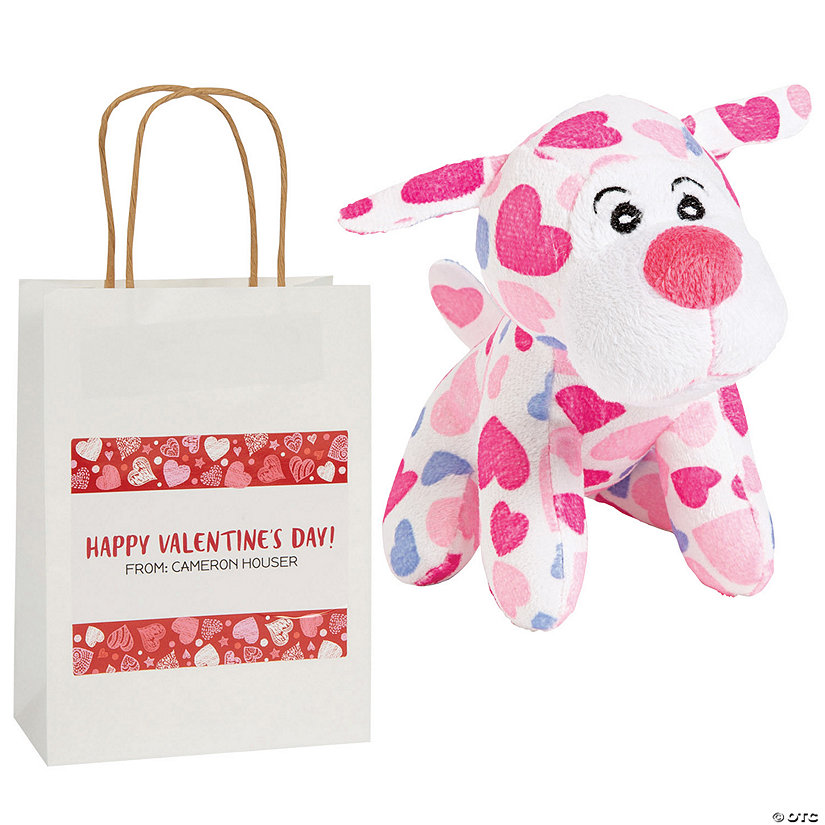 Pink & Purple Heart Print Stuffed Dogs Valentine Exchanges with Personalized Gift Bag for 12 Image Thumbnail
