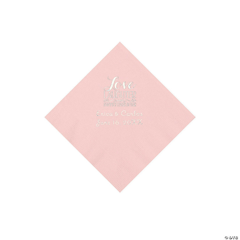 Pink Love Laughter & Happily Ever After Personalized Napkins with Silver Foil &#8211; Beverage Image Thumbnail