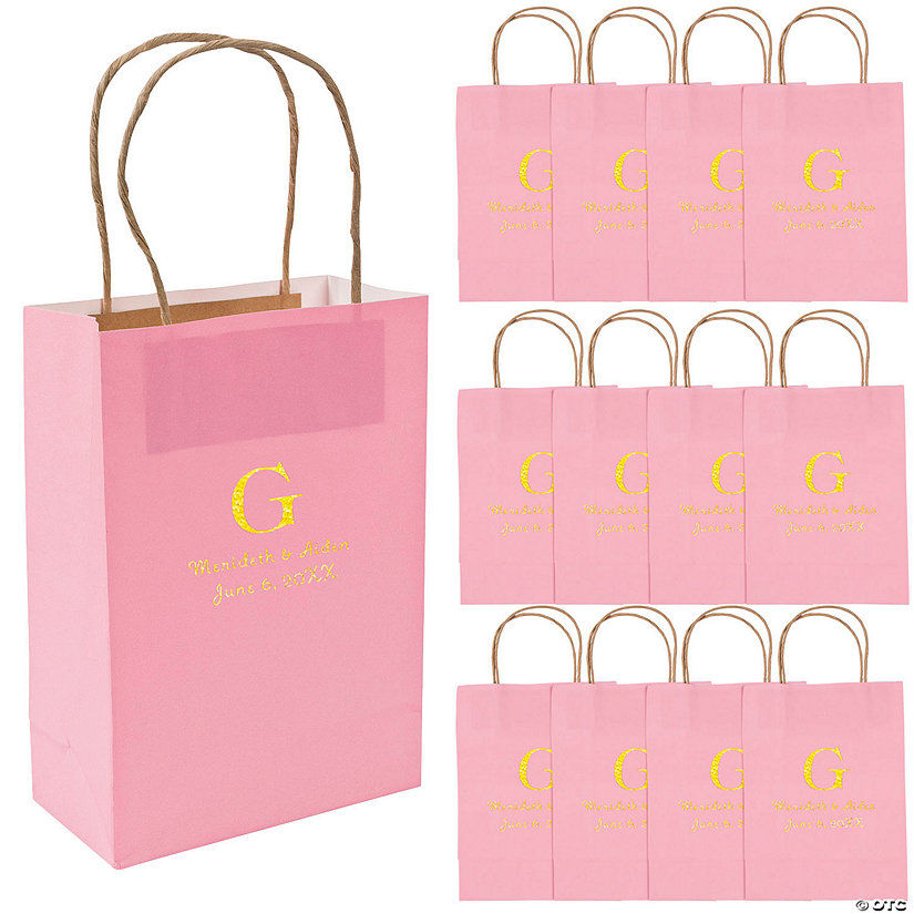 Pink Medium Personalized Monogram Welcome Paper Gift Bags with Gold Foil - 12 Pc. Image
