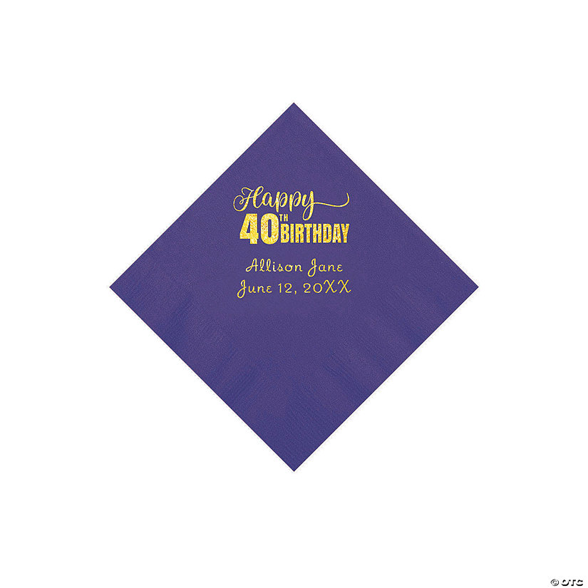 Purple 40th Birthday Personalized Napkins with Gold Foil - 50 Pc. Beverage Image Thumbnail