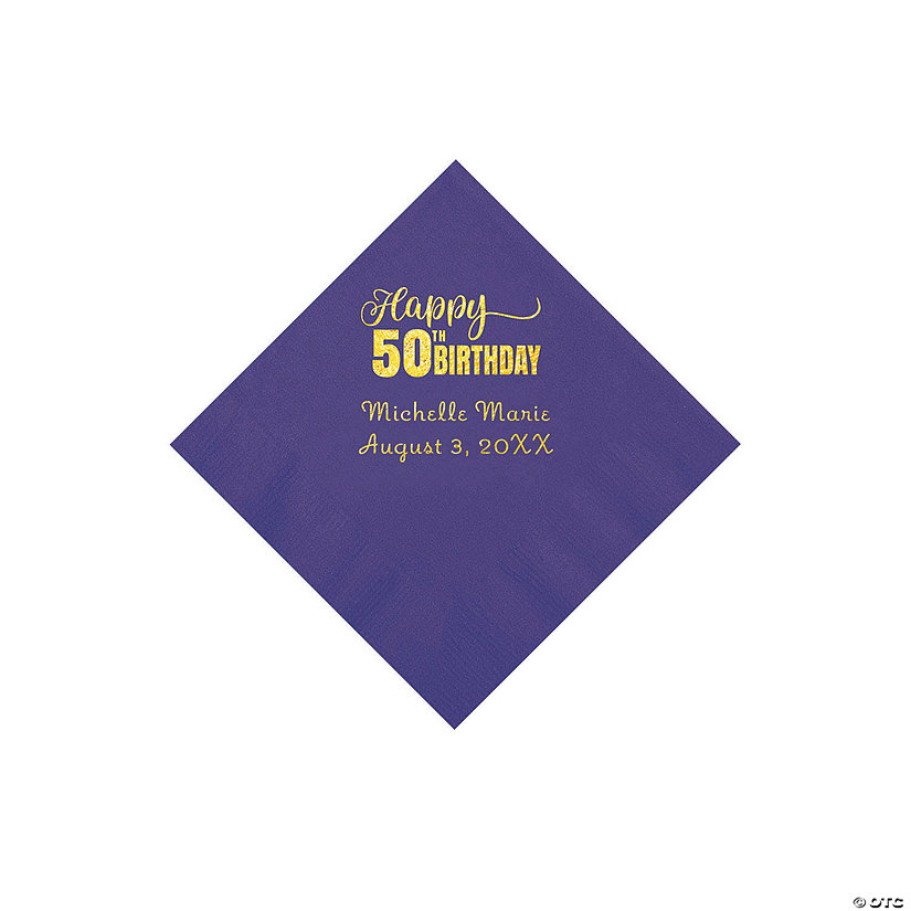 Purple 50th Birthday Personalized Napkins with Gold Foil - 50 Pc. Beverage Image