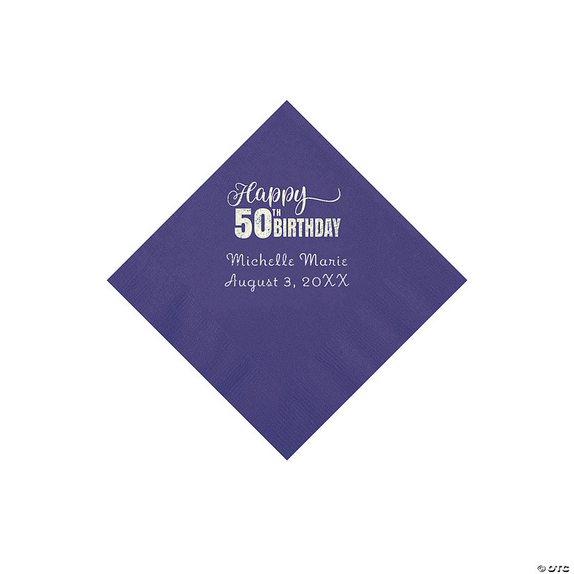 Purple 50th Birthday Personalized Napkins with Silver Foil - 50 Pc. Beverage Image