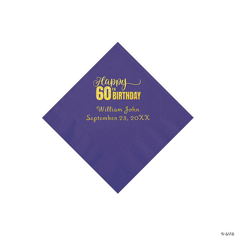 Purple 60th Birthday Personalized Napkins with Gold Foil - 50 Pc. Beverage Image Thumbnail