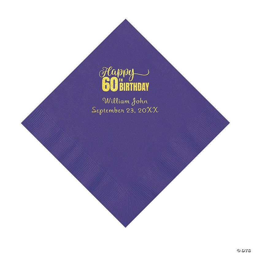 Purple 60th Birthday Personalized Napkins with Gold Foil - 50 Pc. Luncheon Image Thumbnail