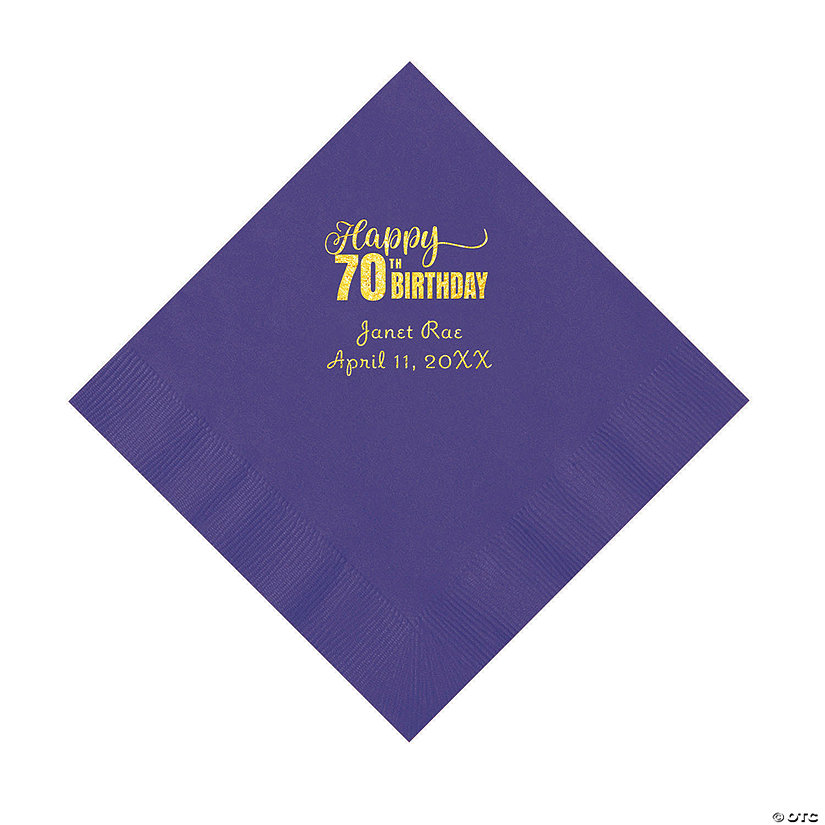 Purple 70th Birthday Personalized Napkins with Gold Foil - 50 Pc. Luncheon Image Thumbnail