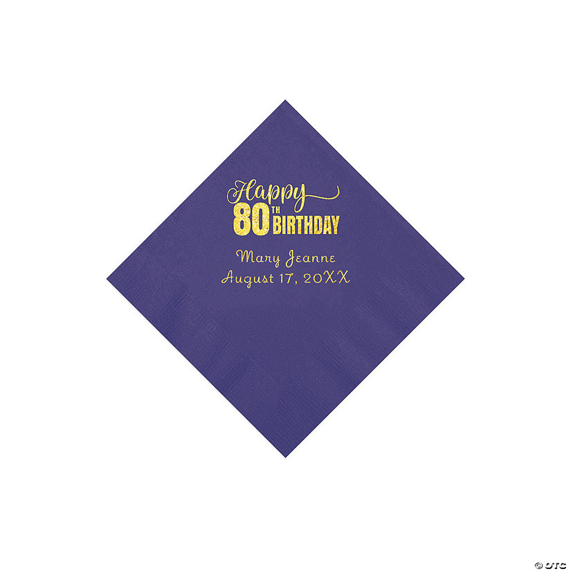 Purple 80th Birthday Personalized Napkins with Gold Foil - 50 Pc. Beverage Image Thumbnail