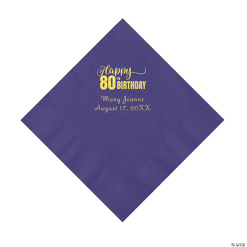 Purple 80th Birthday Personalized Napkins with Gold Foil - 50 Pc. Luncheon Image