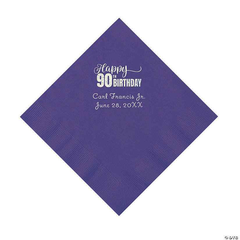Purple 90th Birthday Personalized Napkins with Silver Foil - 50 Pc. Luncheon Image