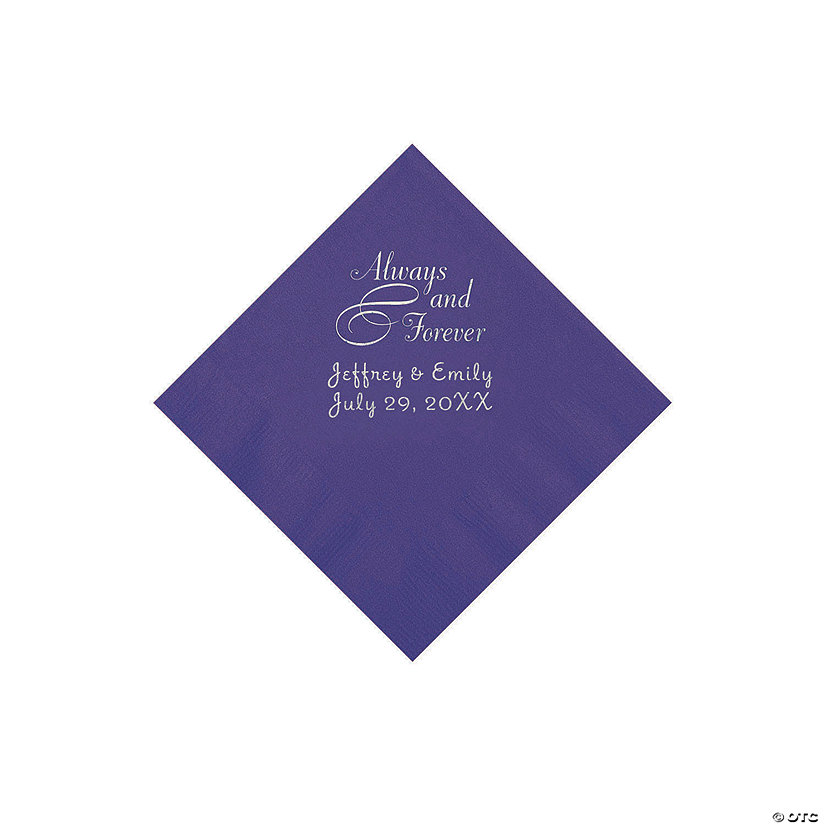 Purple Always & Forever Personalized Napkins with Silver Foil - Beverage Image Thumbnail
