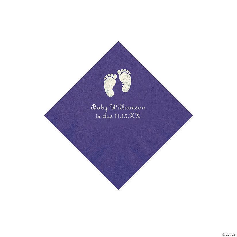 Purple Baby Feet Personalized Napkins with Silver Foil - 50 Pc. Beverage Image