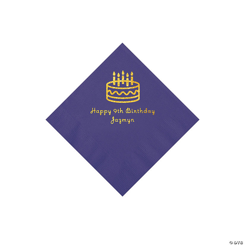 Purple Birthday Cake Personalized Napkins with Gold Foil - 50 Pc. Beverage Image