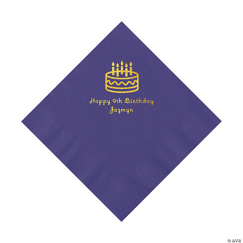 Purple Birthday Cake Personalized Napkins with Gold Foil - 50 Pc. Luncheon Image