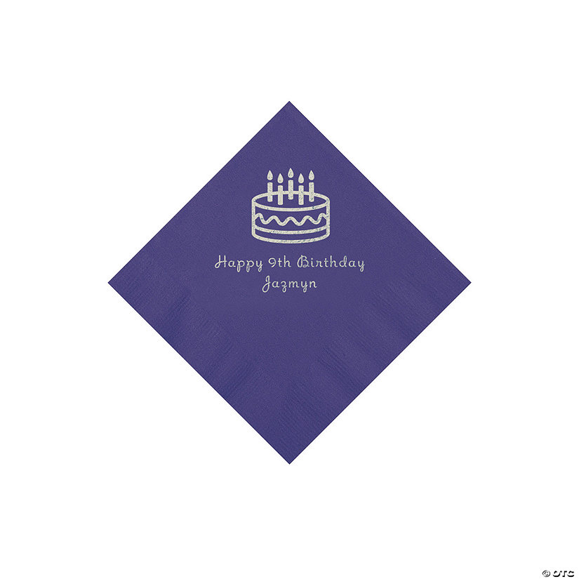 Purple Birthday Cake Personalized Napkins with Silver Foil - 50 Pc. Beverage Image