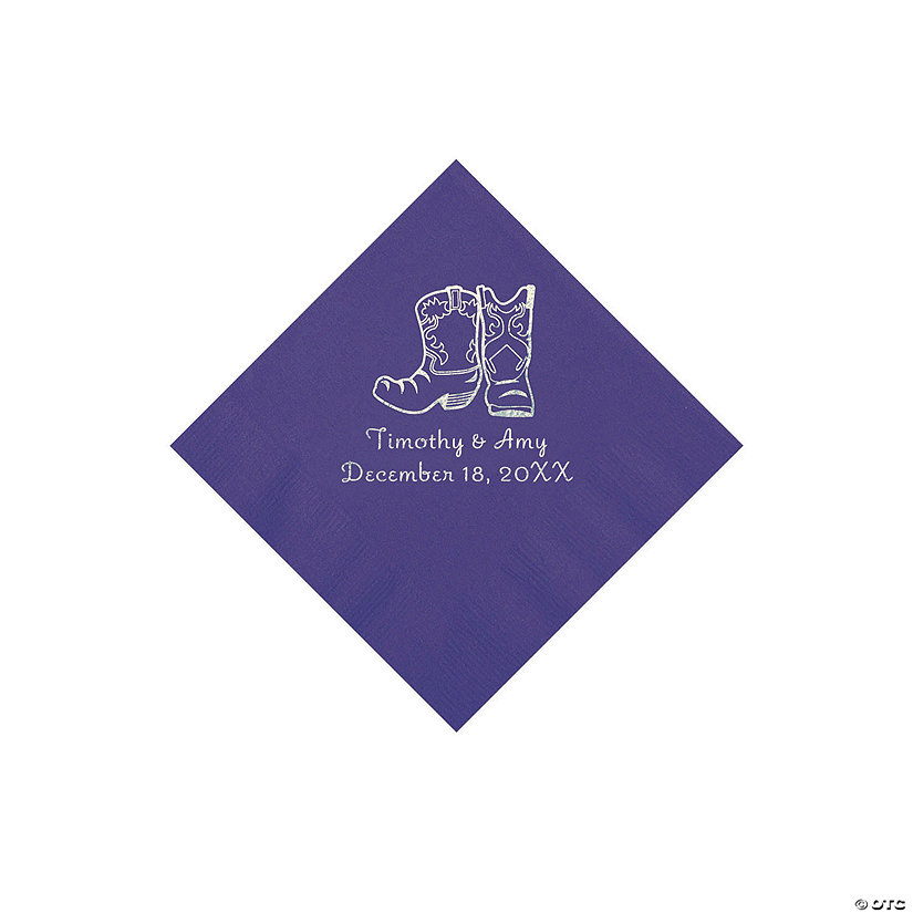 Purple Cowboy Boots Personalized Napkins with Silver Foil - Beverage Image