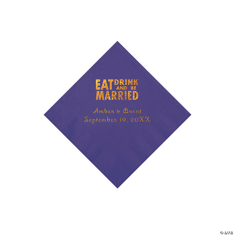 Purple Eat Drink & Be Married Personalized Napkins with Gold Foil - 50 Pc. Beverage Image