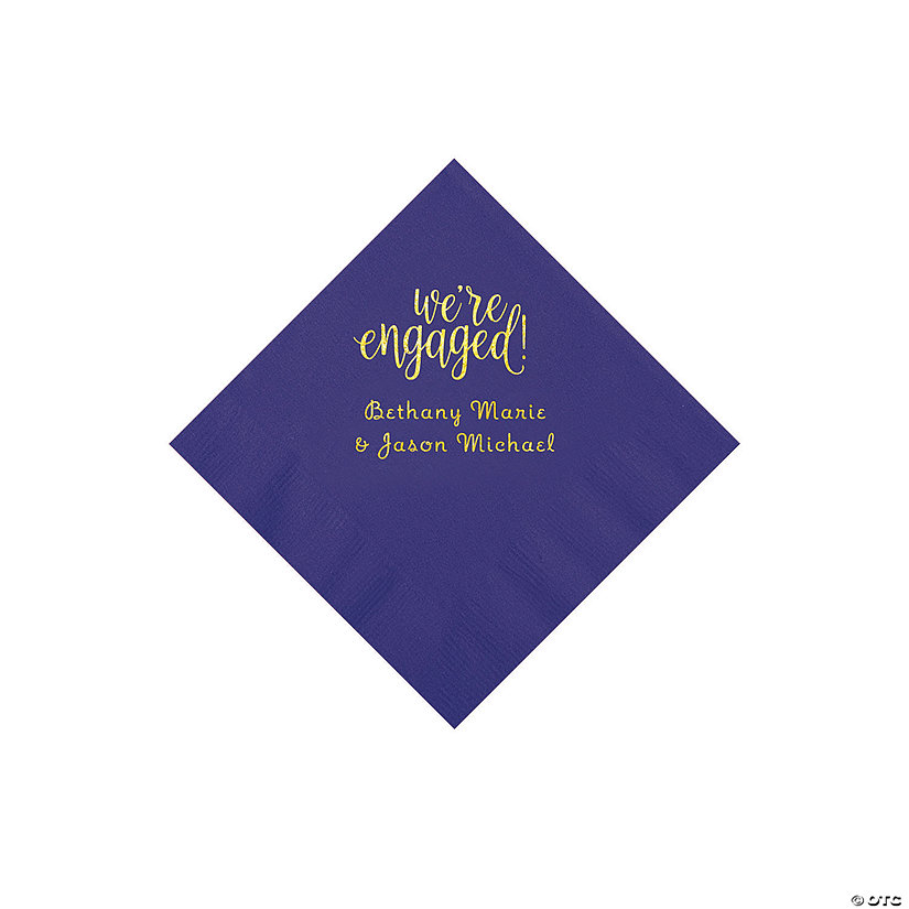 Purple Engaged Personalized Napkins with Gold Foil - Beverage Image