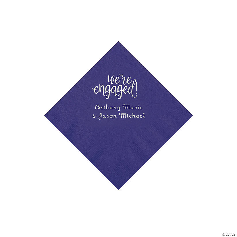 Purple Engaged Personalized Napkins with Silver Foil - Beverage Image Thumbnail