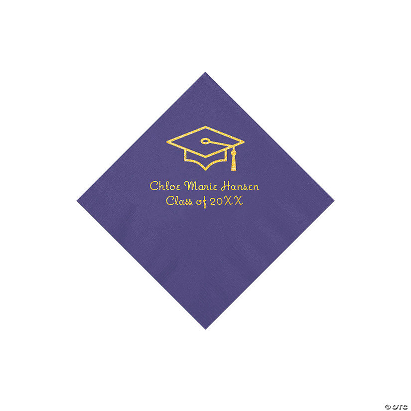 Purple Grad Mortarboard Personalized Napkins with Gold Foil - 50 Pc. Beverage Image