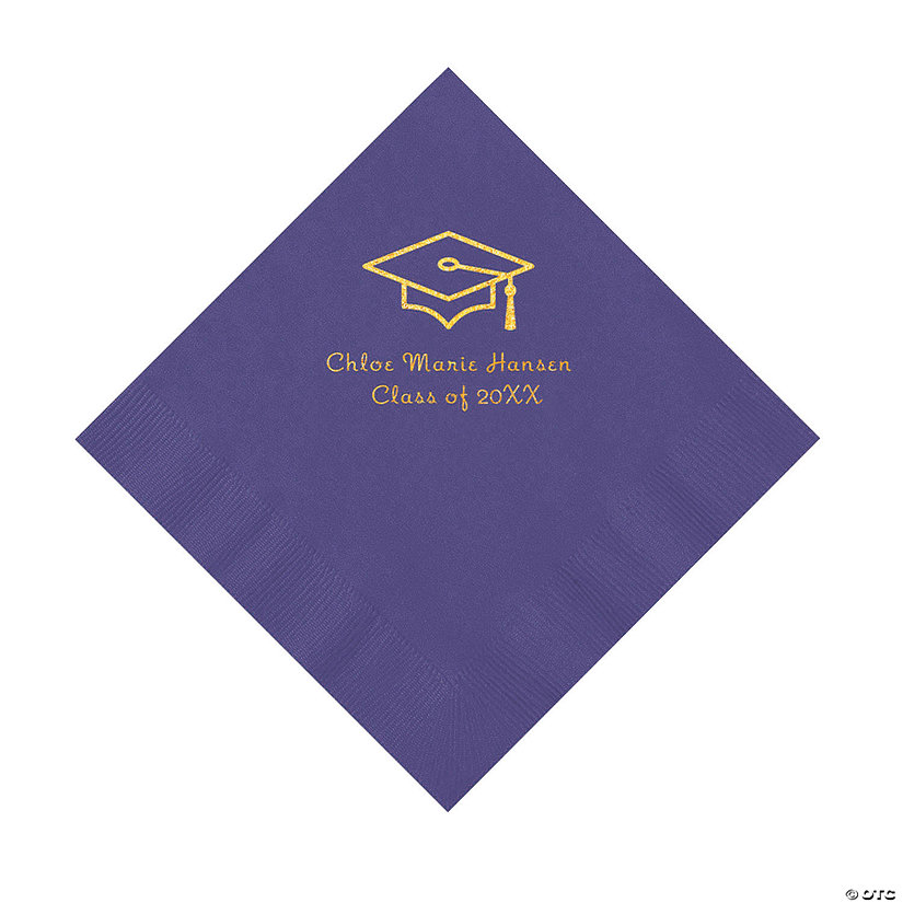 Purple Grad Mortarboard Personalized Napkins with Gold Foil - 50 Pc. Luncheon Image