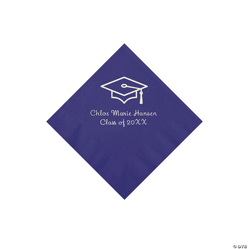 Purple Grad Mortarboard Personalized Napkins with Silver Foil - 50 Pc. Beverage Image
