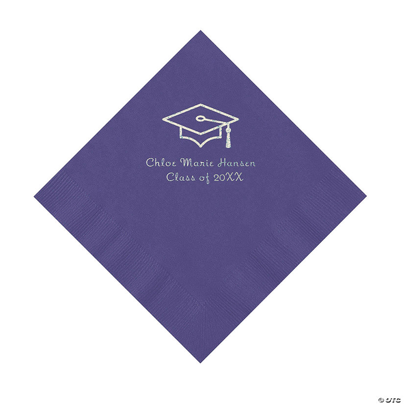 Purple Grad Mortarboard Personalized Napkins with Silver Foil - 50 Pc. Luncheon Image Thumbnail