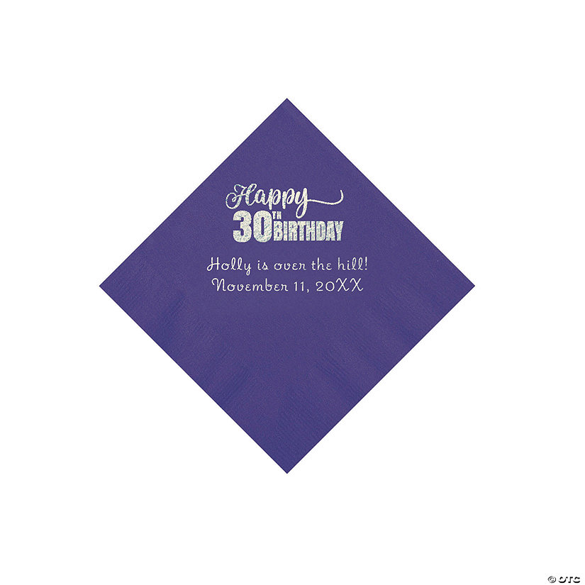 Purple Happy 30<sup>th</sup> Birthday Personalized Napkins with Silver Foil - 50 Pc. Beverage Image