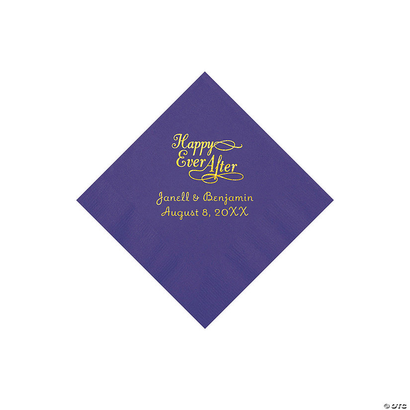 Purple Happy Ever After Personalized Napkins with Gold Foil - Beverage Image Thumbnail