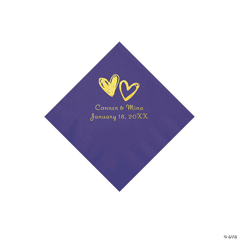 Purple Hearts Personalized Napkins with Gold Foil - Beverage Image Thumbnail
