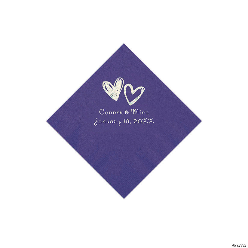 Purple Hearts Personalized Napkins with Silver Foil - Beverage Image Thumbnail