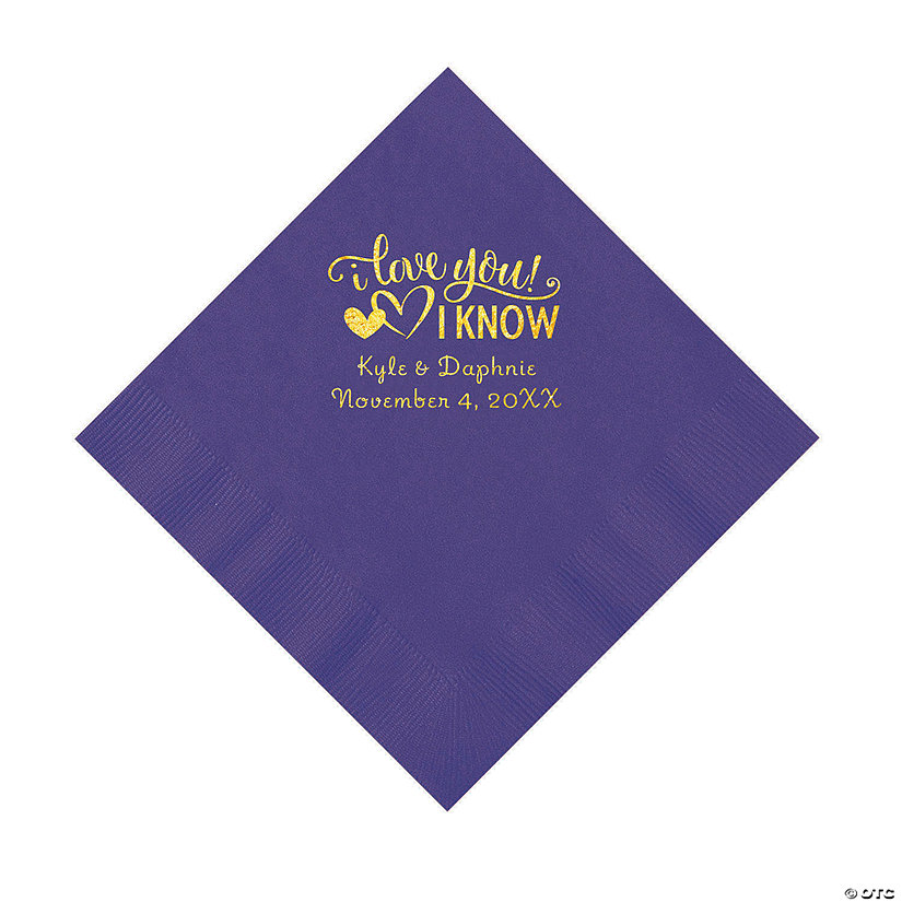 Purple I Love You, I Know Personalized Napkins with Gold Foil - Luncheon Image Thumbnail