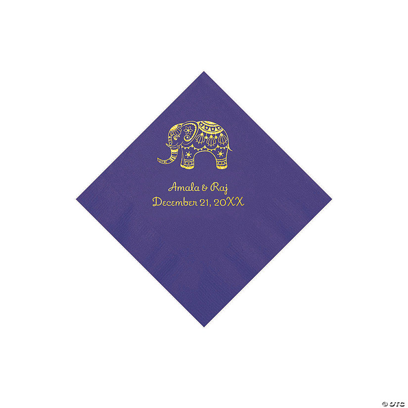 Purple Indian Wedding Personalized Napkins with Gold Foil - Beverage Image Thumbnail
