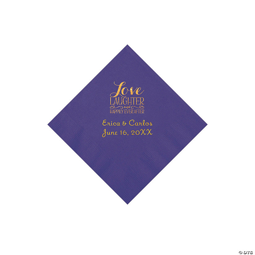 Purple Love Laughter & Happily Ever After Personalized Napkins with Gold Foil - Beverage Image Thumbnail