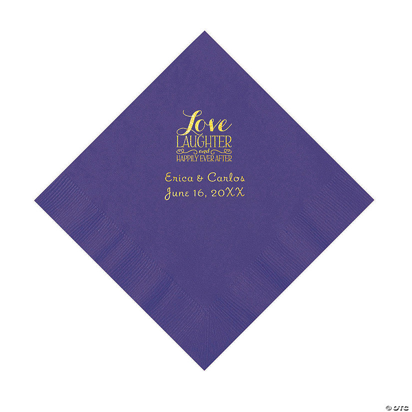 Purple Love Laughter & Happily Ever After Personalized Napkins with Gold Foil &#8211; Luncheon Image Thumbnail
