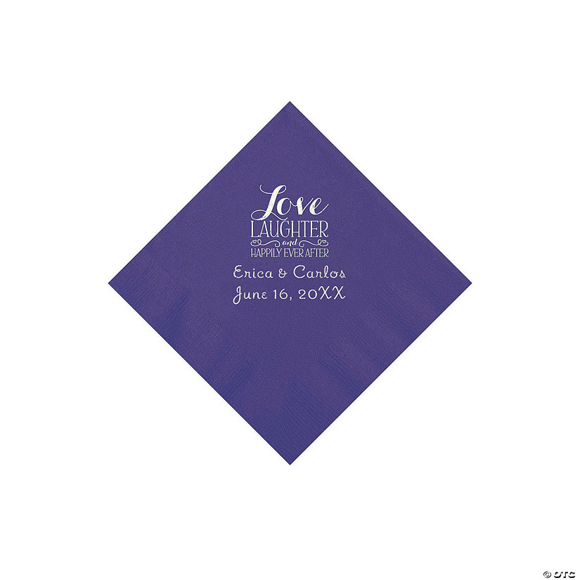 Purple Love Laughter & Happily Ever After Personalized Napkins with Silver Foil &#8211; Beverage Image Thumbnail