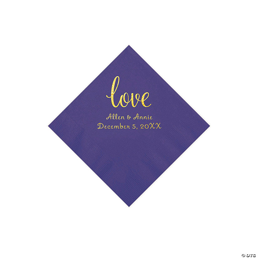 Purple Love Script Personalized Napkins with Gold Foil - Beverage Image Thumbnail