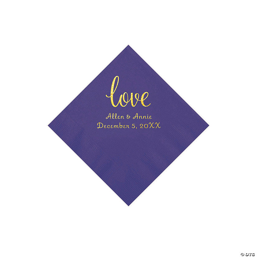 Purple Love Script Personalized Napkins with Gold Foil - Beverage Image