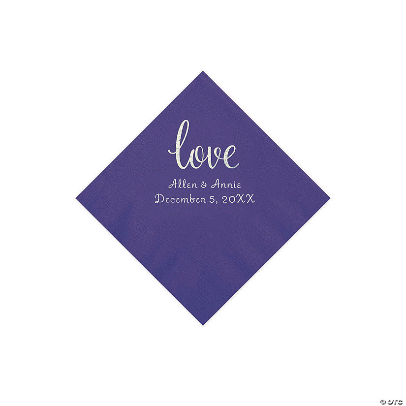 Purple Love Script Personalized Napkins with Silver Foil - Beverage Image Thumbnail