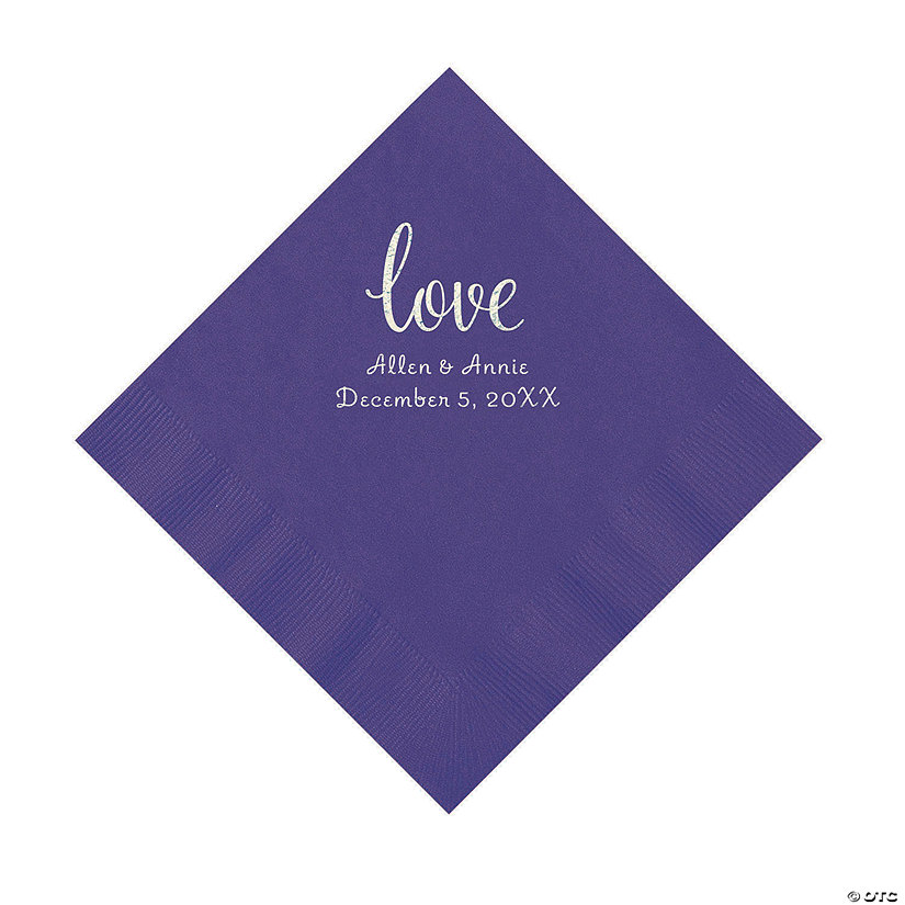 Purple Love Script Personalized Napkins with Silver Foil - Luncheon Image