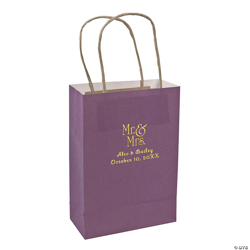 Purple Medium Mr. & Mrs. Personalized Kraft Paper Gift Bags with Gold Foil - 12 Pc. Image