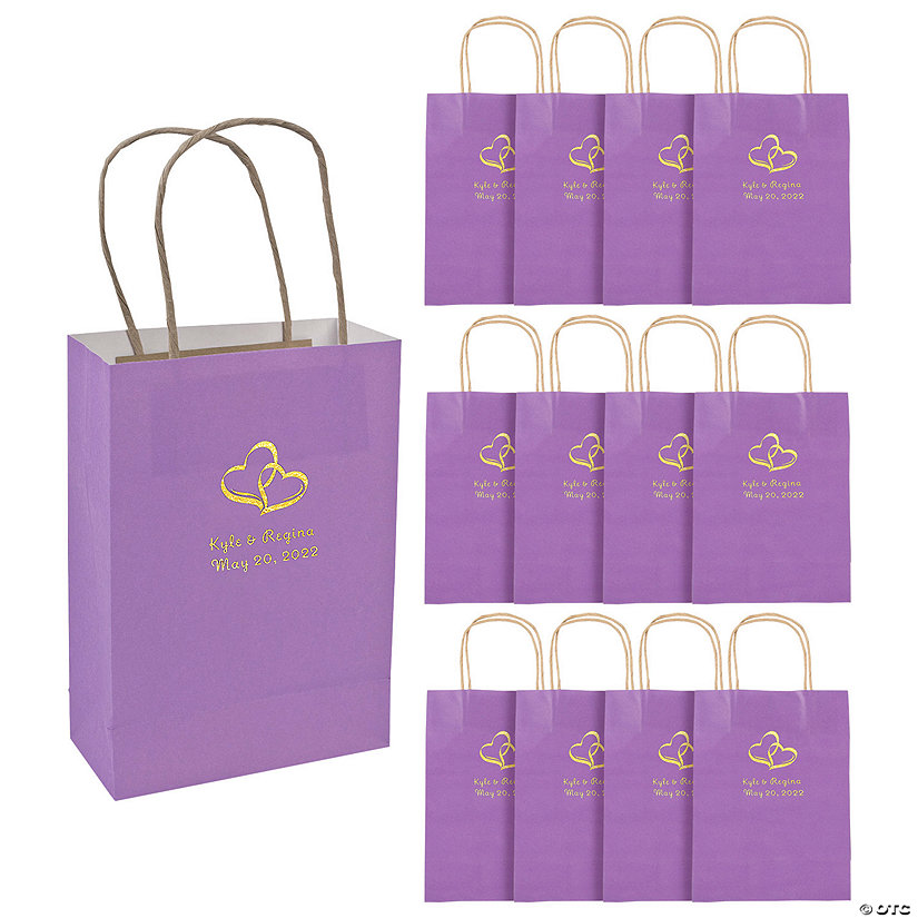 Purple Medium Two Hearts Personalized Kraft Paper T Bags With Gold Foil 12 Pc 1906