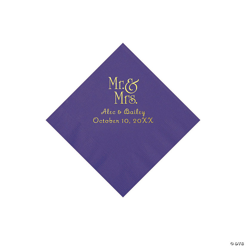 Purple Mr. & Mrs. Personalized Napkins with Gold Foil - 50 Pc. Beverage Image Thumbnail